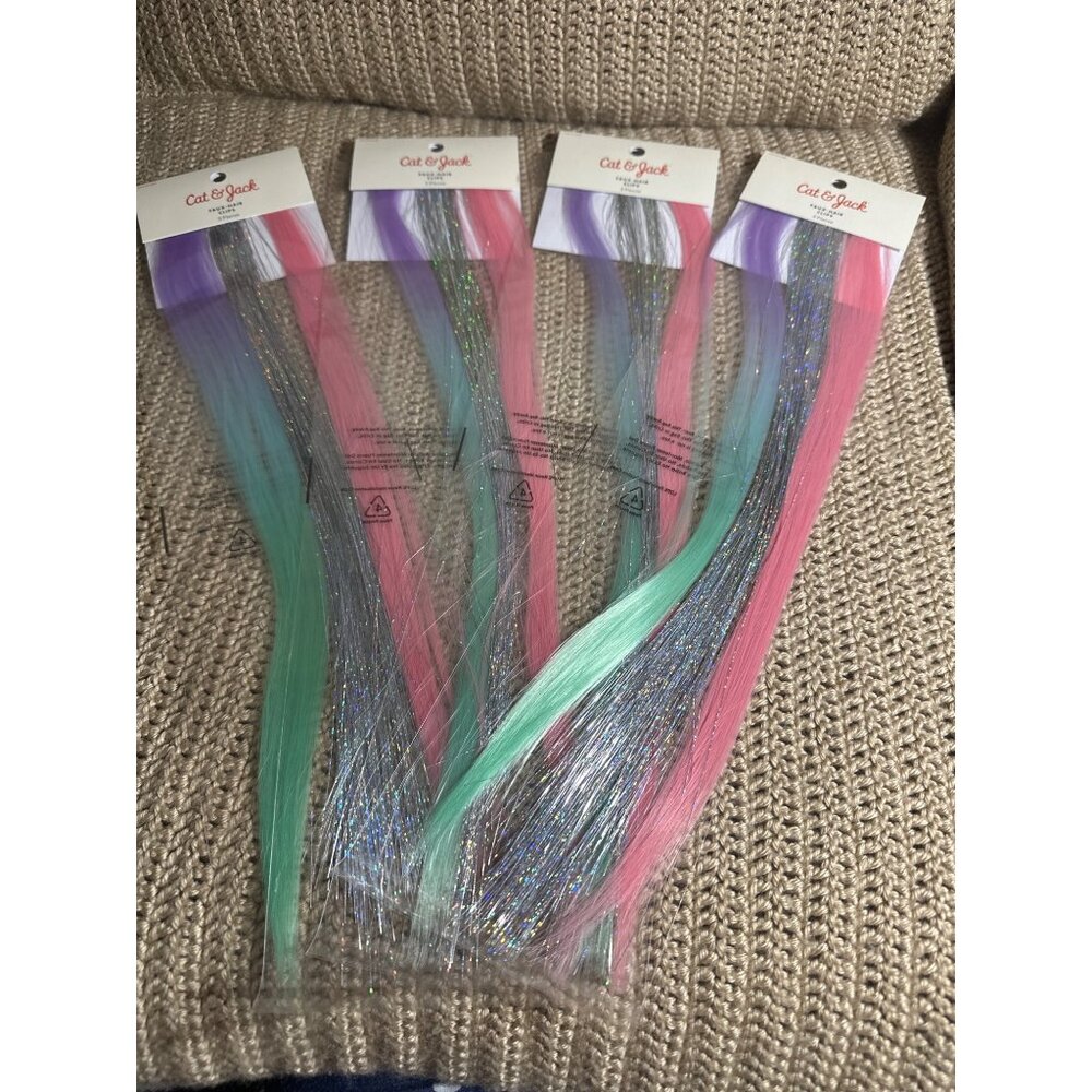 Cat & Jack Faux-Hair Clips 3 Pc Sparkly Extensions Pink Purple Green 4 Packs